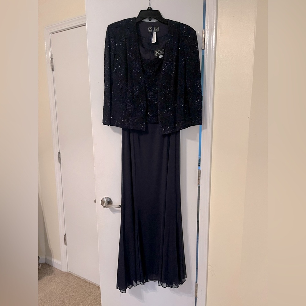 Women's Size 14 Formal Dress with Jacket Alex Evenings Glittered Gown, Navy